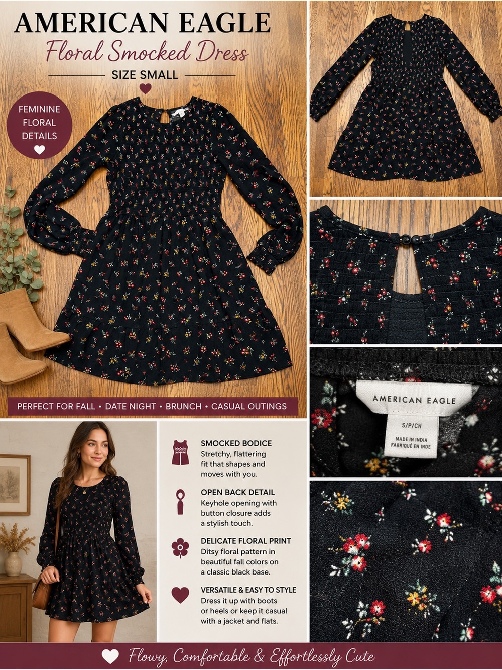 American Eagle Women’s Small Black Floral Smocked Long Sleeve Dress Fall